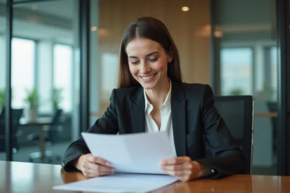 Femme professionnelle en conseil immobilier dans un bureau moderne