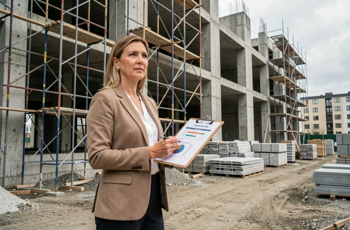 Professionnelle tenant un document d'indice de coût de construction devant un chantier résidentiel en cours
