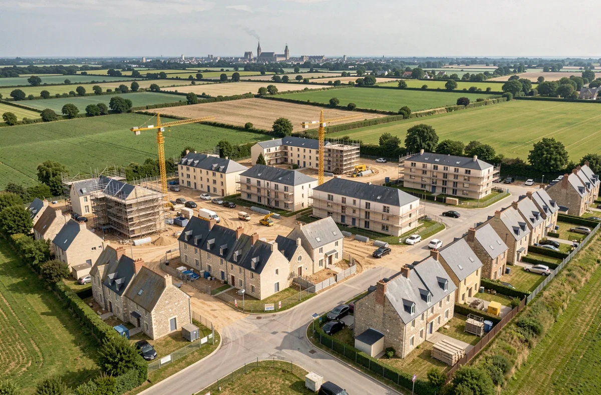 Vue aérienne du Calvados illustrant le développement immobilier neuf en Normandie