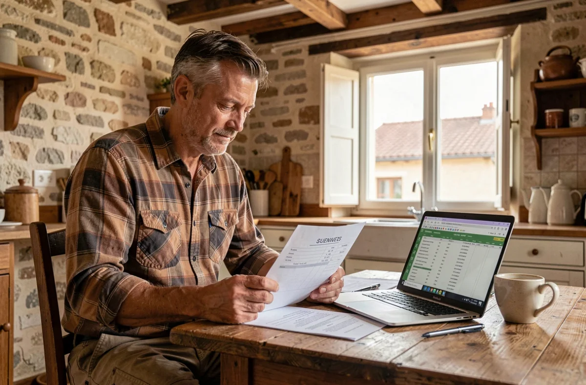 Un propriétaire analysant un devis de réparation de toiture commune à son bureau avec un ordinateur et des documents