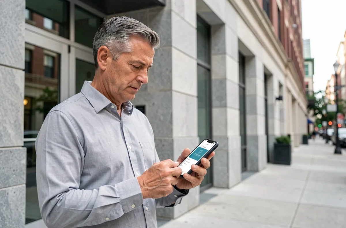Propriétaire immobilier vérifiant la gestion de son bien via l'application MyFoncia devant un immeuble résidentiel