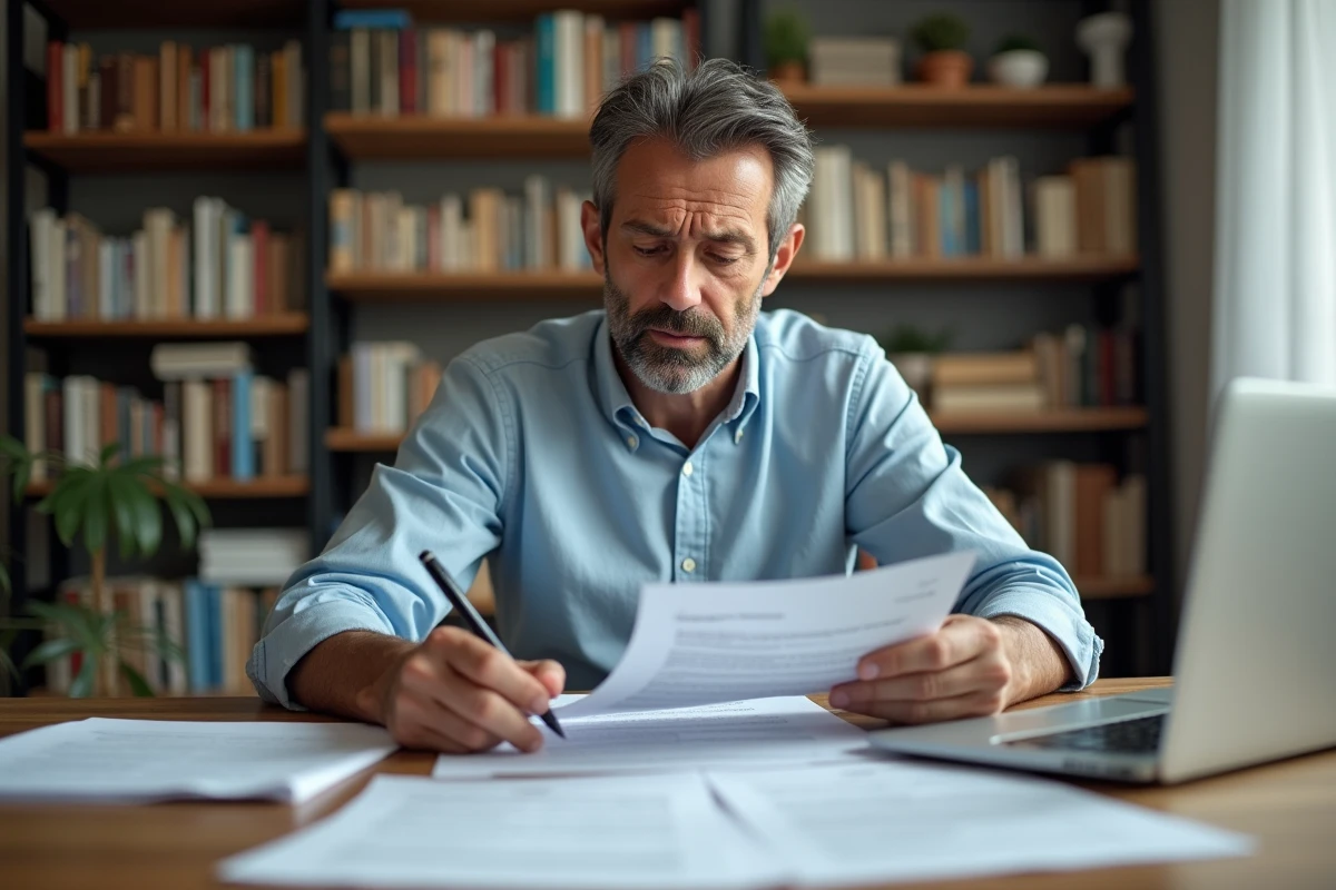 Propriétaire bailleur comparant les documents d'assurance PNO sur son bureau à domicile