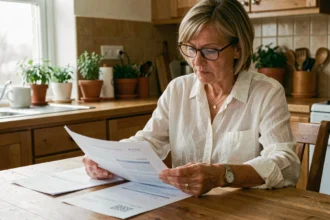 Propriétaire vérifiant les conditions de location d'une chambre chez elle en consultant des documents officiels à la cuisine
