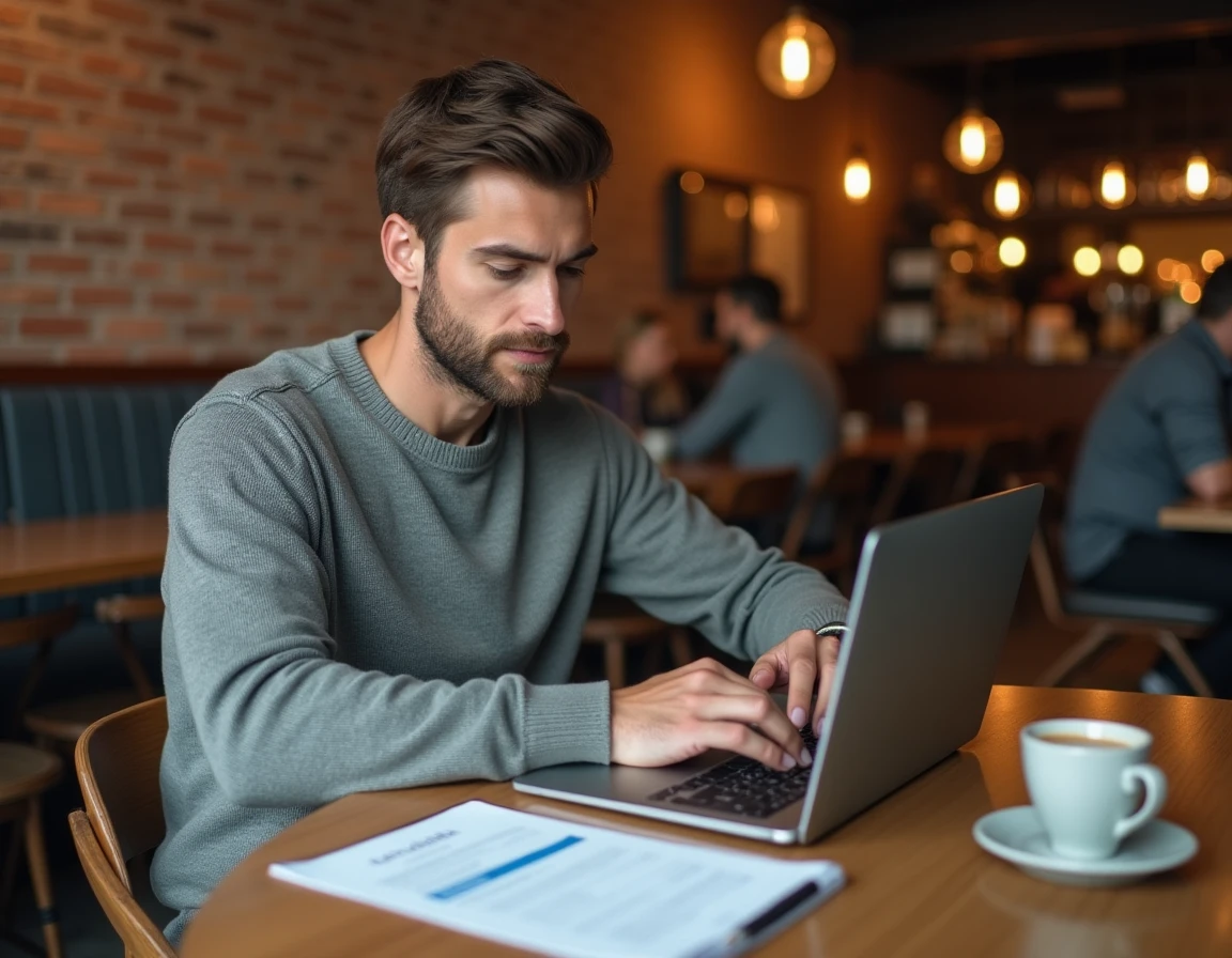 Propriétaire LMNP consultant une plateforme de déclaration fiscale dans un café urbain