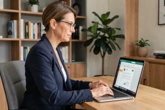 Propriétaire consultante son espace MyFoncia sur ordinateur portable dans un bureau à domicile moderne