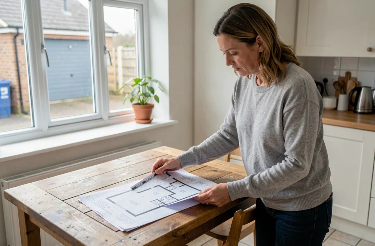 Propriétaire étudiant des plans de maison mitoyenne par garage à la table de cuisine, évaluation immobilière