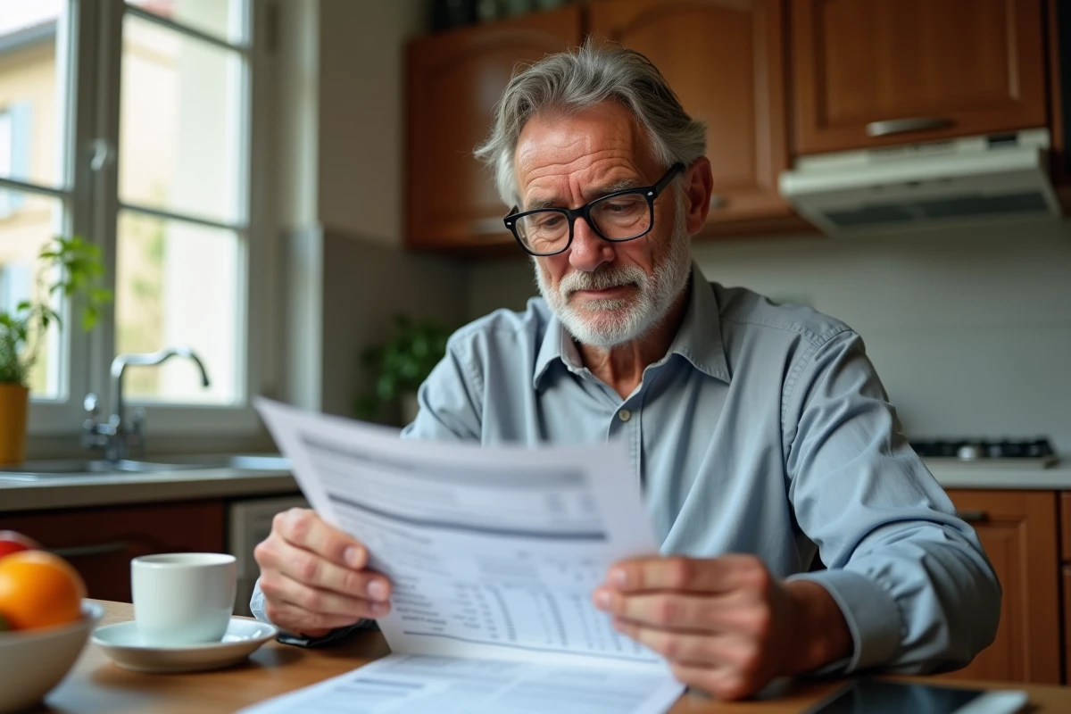 Propriétaire bailleur examinant un relevé de loyer transmis par son agence immobilière à domicile