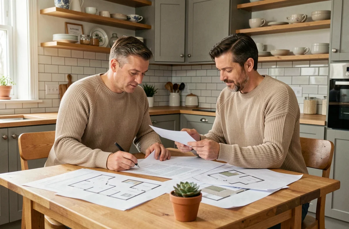 Couple de propriétaires étudiant les documents de vente immobilière dans leur cuisine moderne avant de fixer un prix