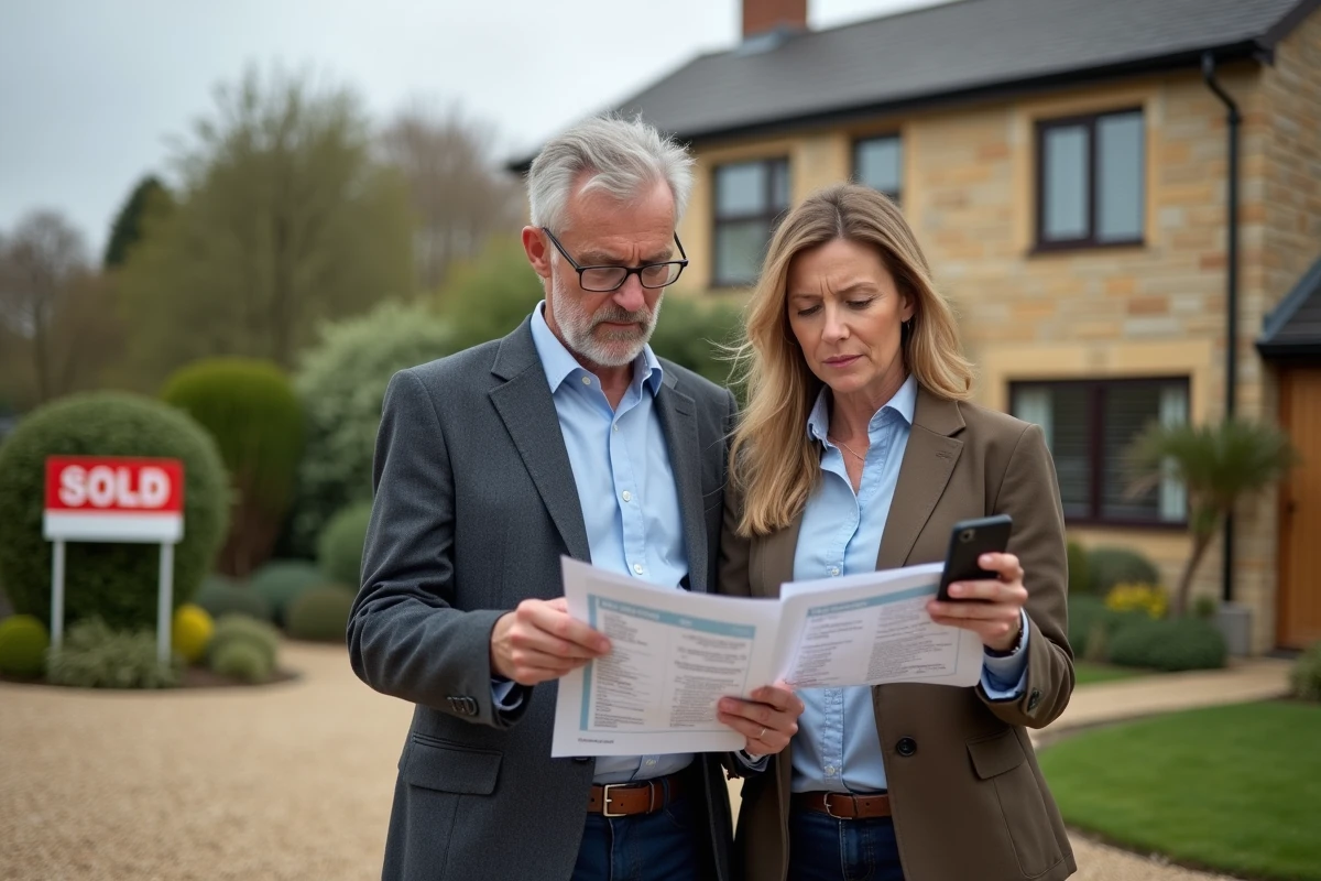 Couple de propriétaires inquiets consultant des documents de réévaluation immobilière devant leur maison