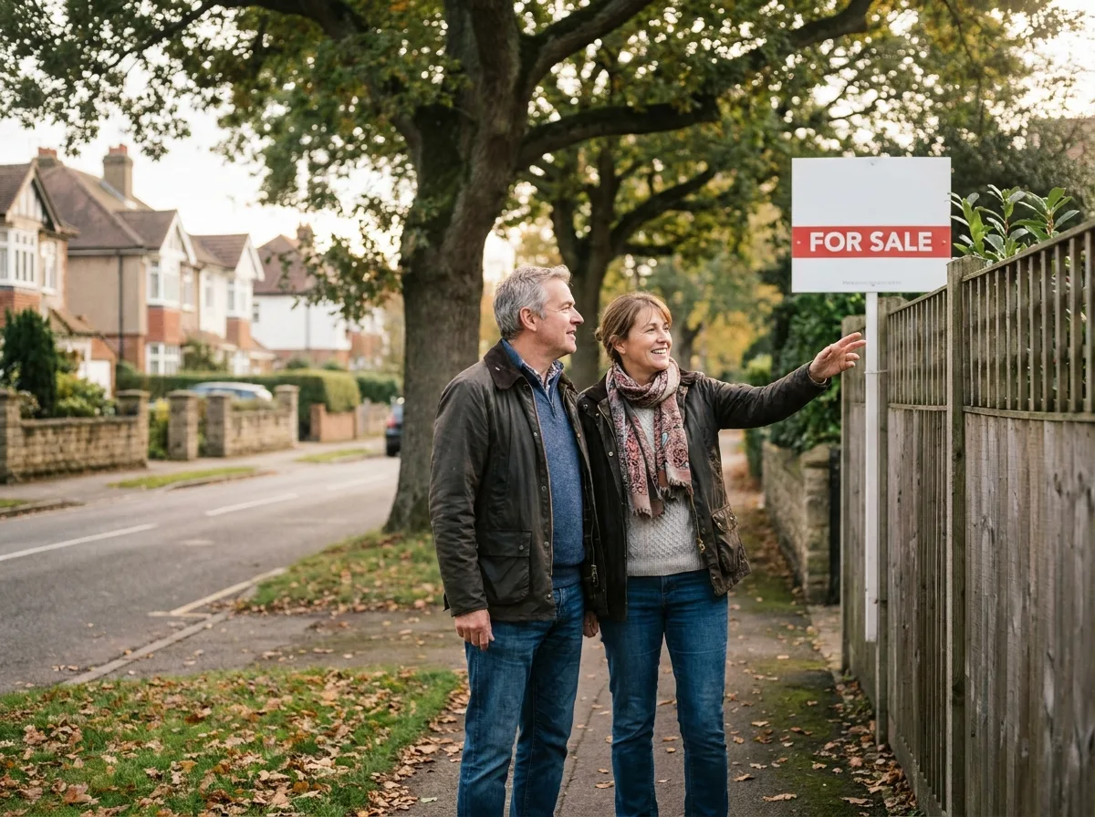 Deux voisins discutant devant un panneau immobilier dans une rue résidentielle calme, illustrant la proximité locale et le bouche-à-oreille dans le quartier