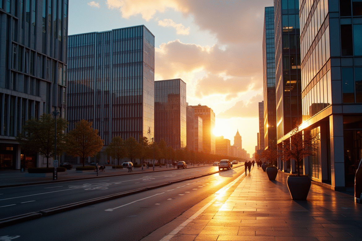 Quartier d'affaires moderne de Lille au lever du soleil