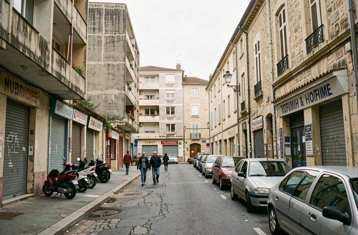 Rue de quartier à Nîmes entre centre-ville et périphérie avec immeubles anciens et commerces locaux