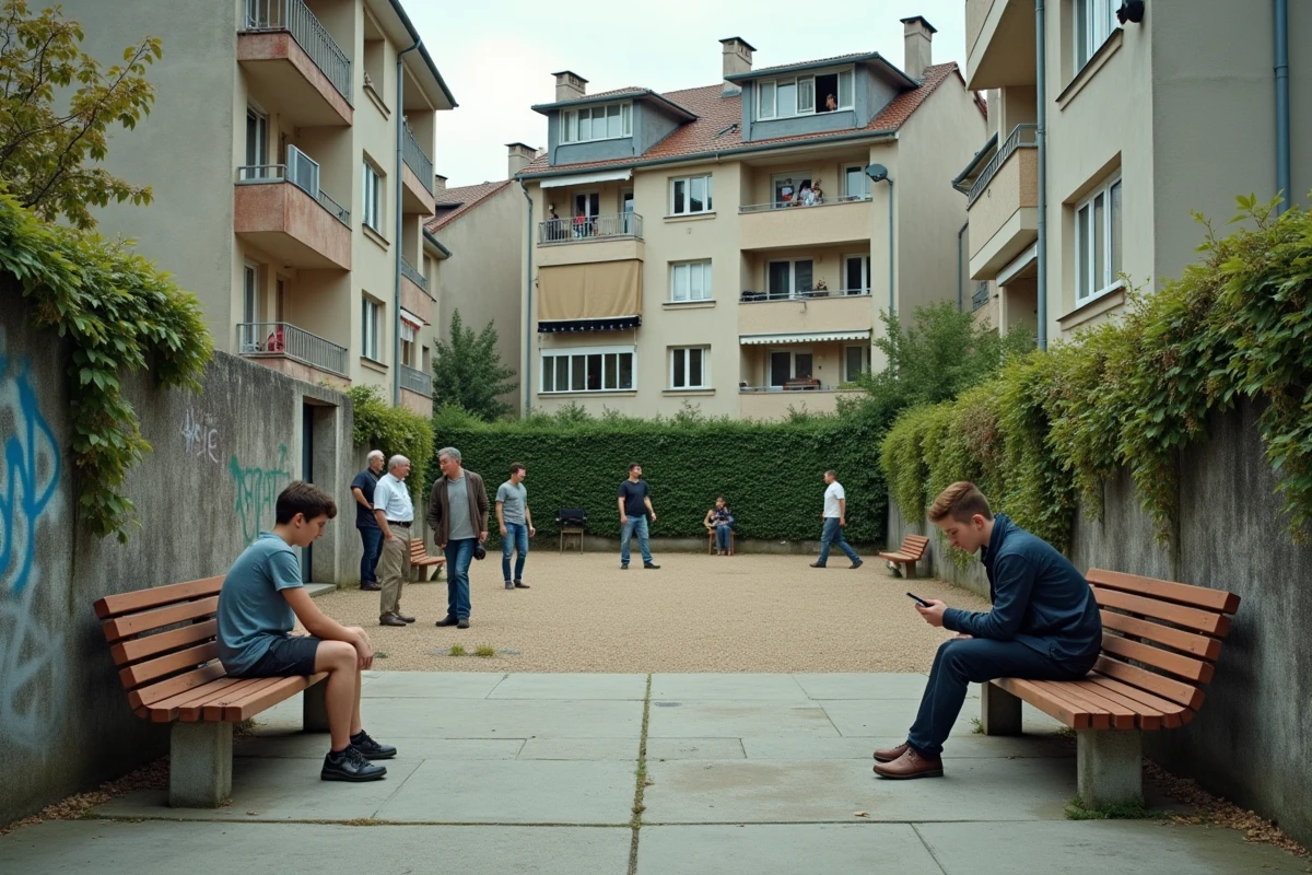Place de quartier résidentiel à Brive avec habitants jouant à la pétanque et jeunes en discussion