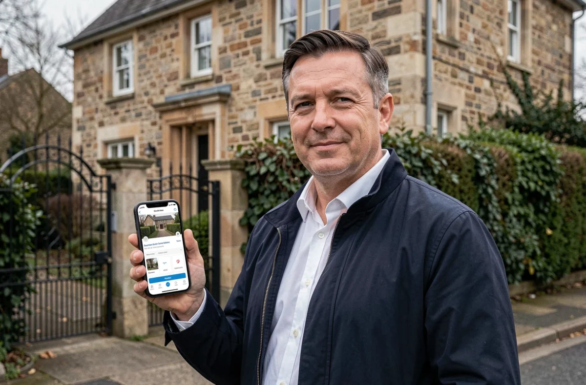 Homme utilisant une application mobile de recherche foncière devant une maison pour trouver gratuitement l'identité de son propriétaire