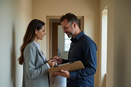 Femme remettant des clés d'appartement à un propriétaire contre signature d'un document en fin de bail