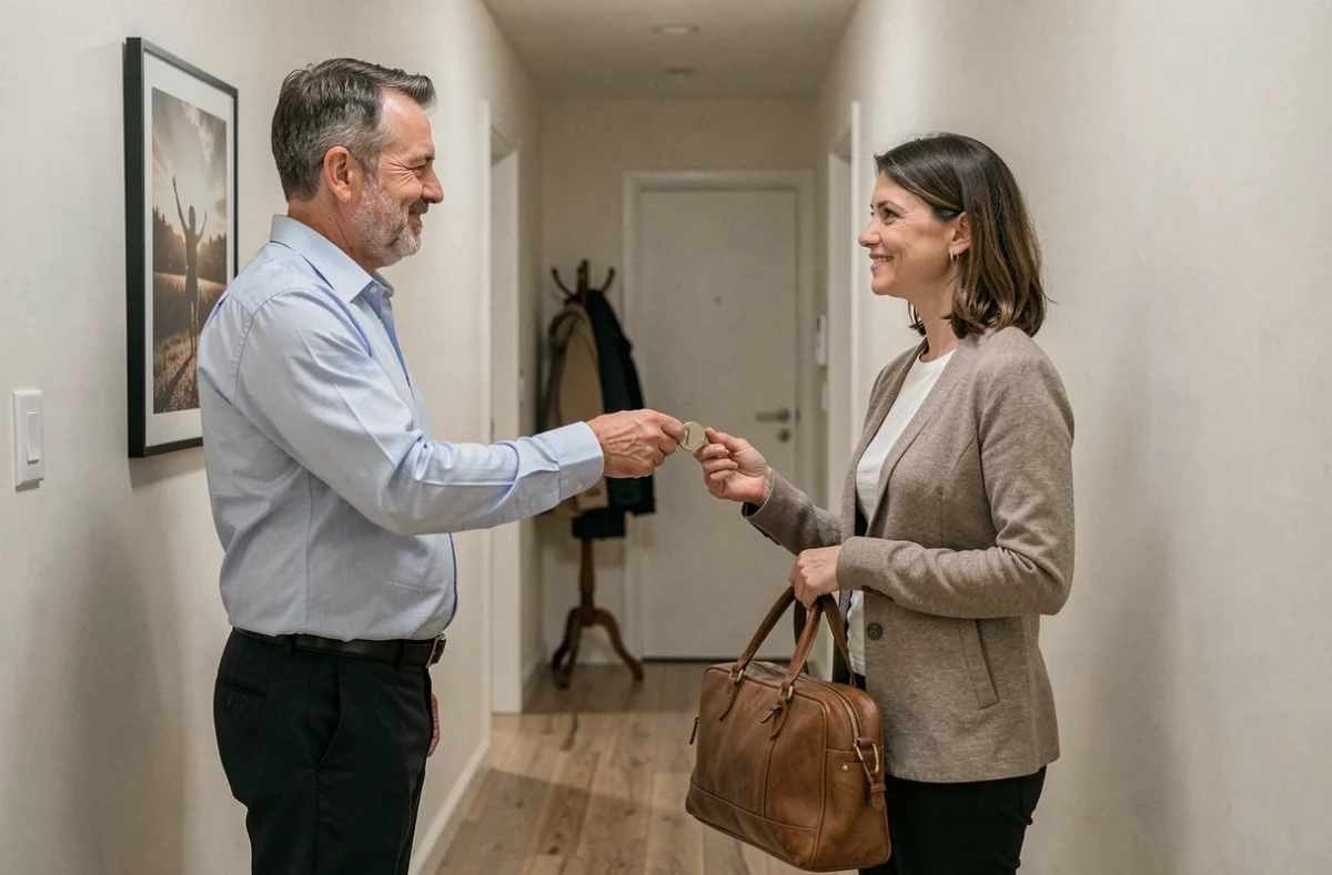 Propriétaire remettant les clés d'une chambre à un locataire lors d'une location occasionnelle à domicile