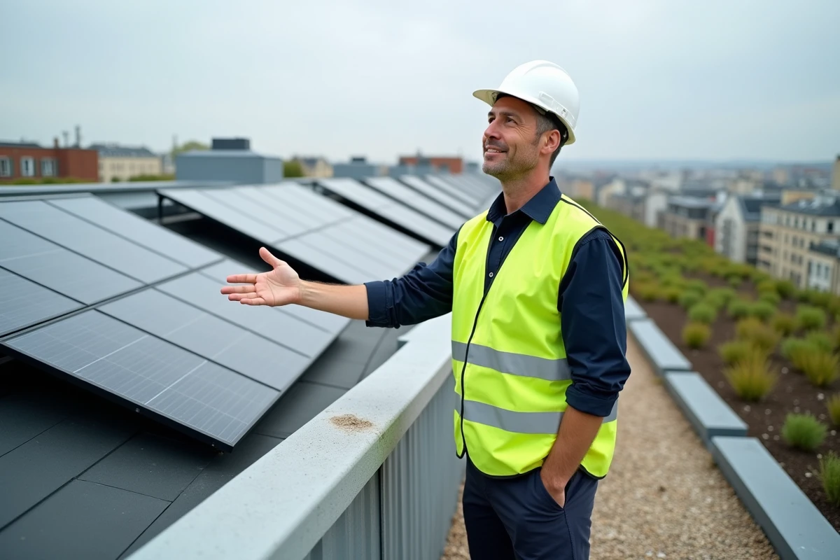 Responsable de chantier sur un toit vert d'immeuble RSE avec panneaux solaires en ville