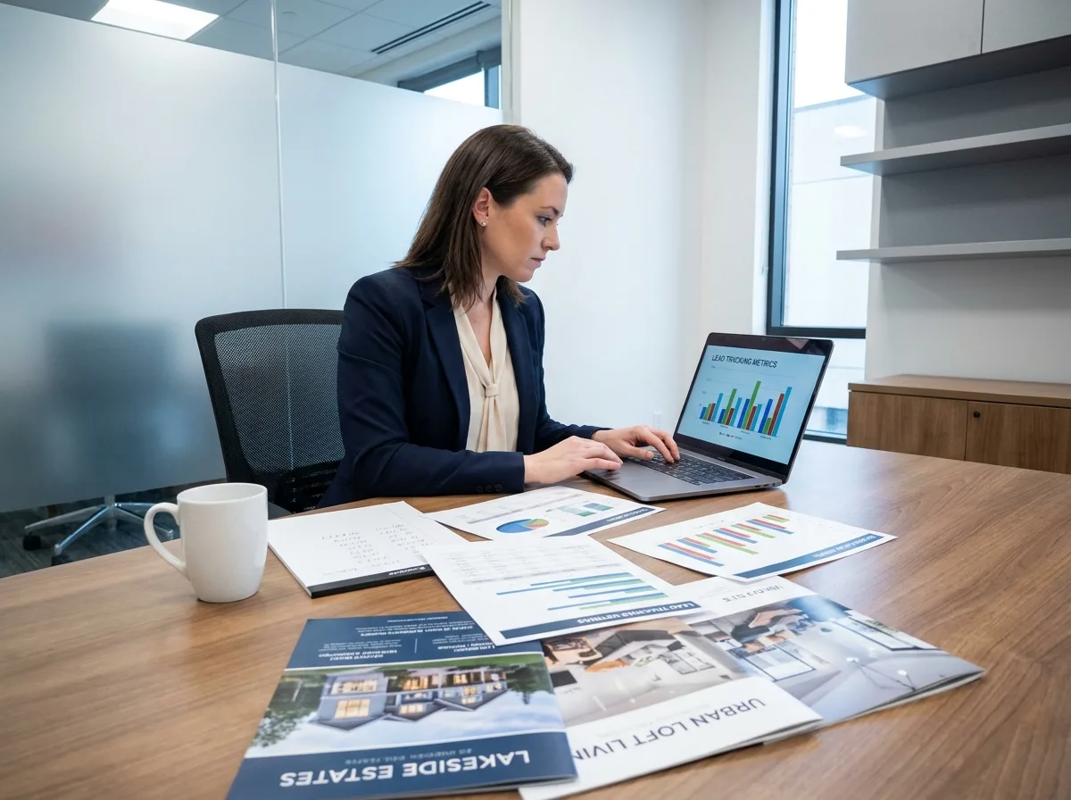 Professionnel de l'immobilier analysant des données et des graphiques de performance marketing liés aux panneaux immobiliers dans un bureau moderne