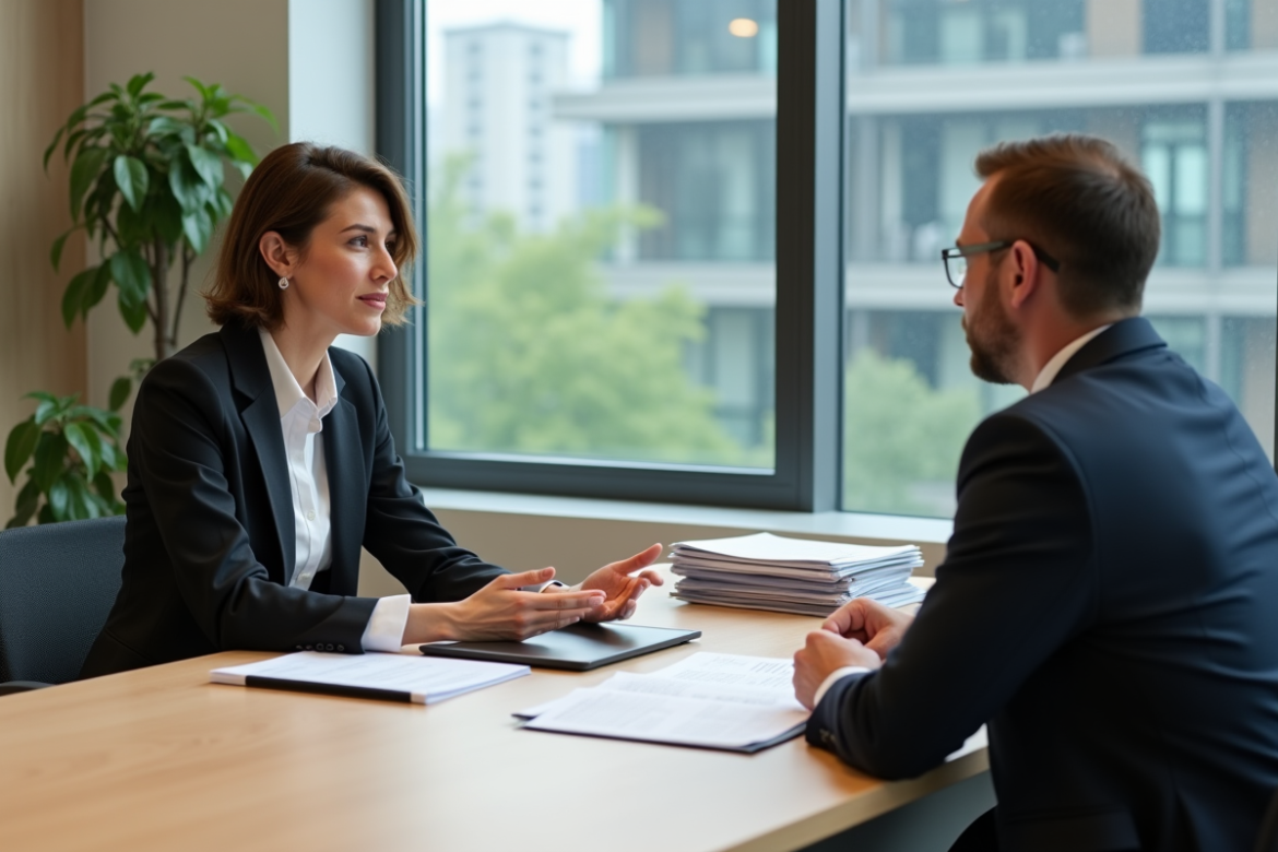Femme professionnelle en réunion avec conseiller bancaire