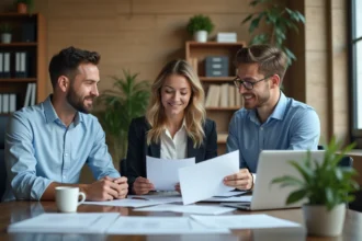 Groupe de trois adultes en réunion de travail dans un bureau moderne