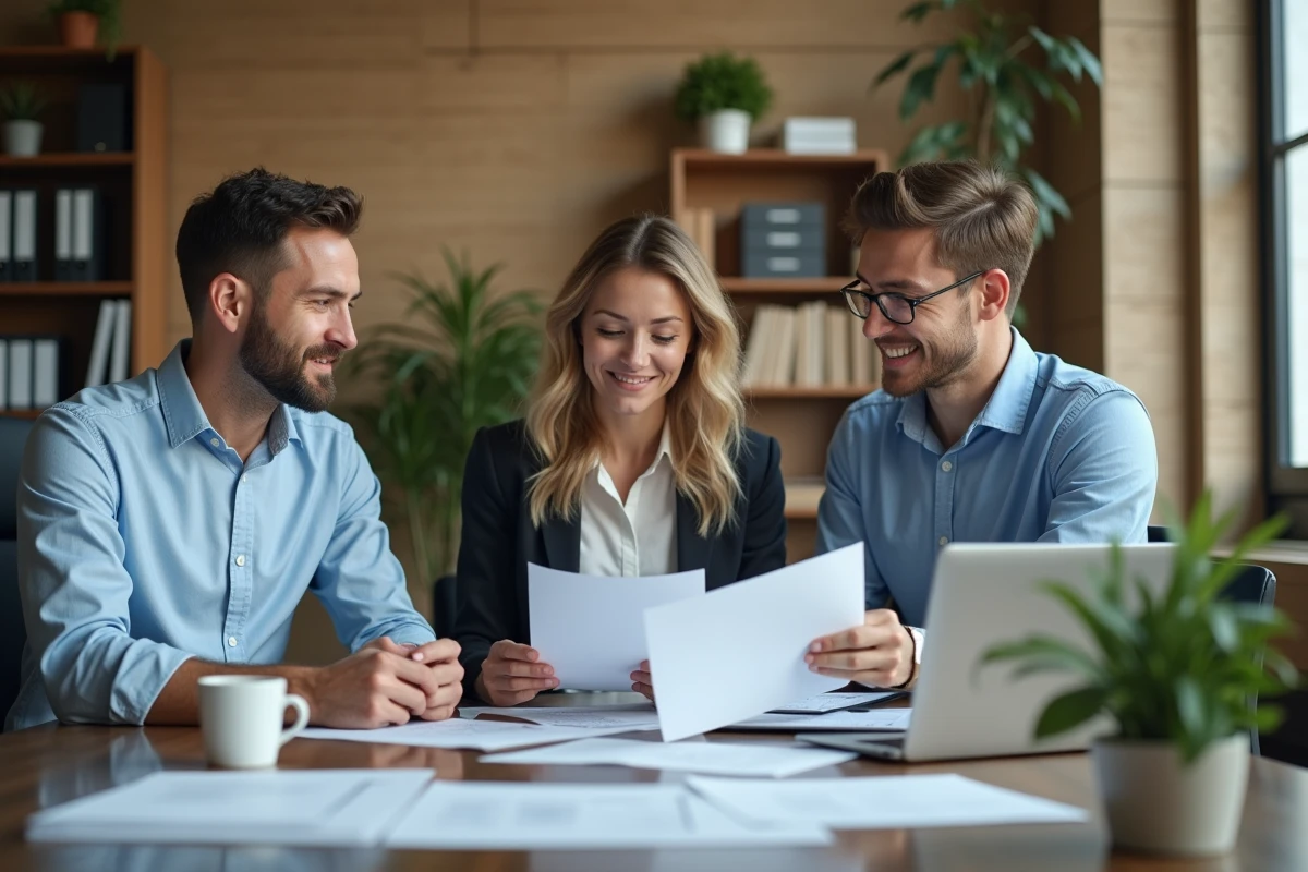 Groupe de trois adultes en réunion de travail dans un bureau moderne