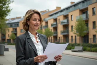 Professionnelle de l'immobilier RSE devant un bâtiment éco-responsable en milieu urbain