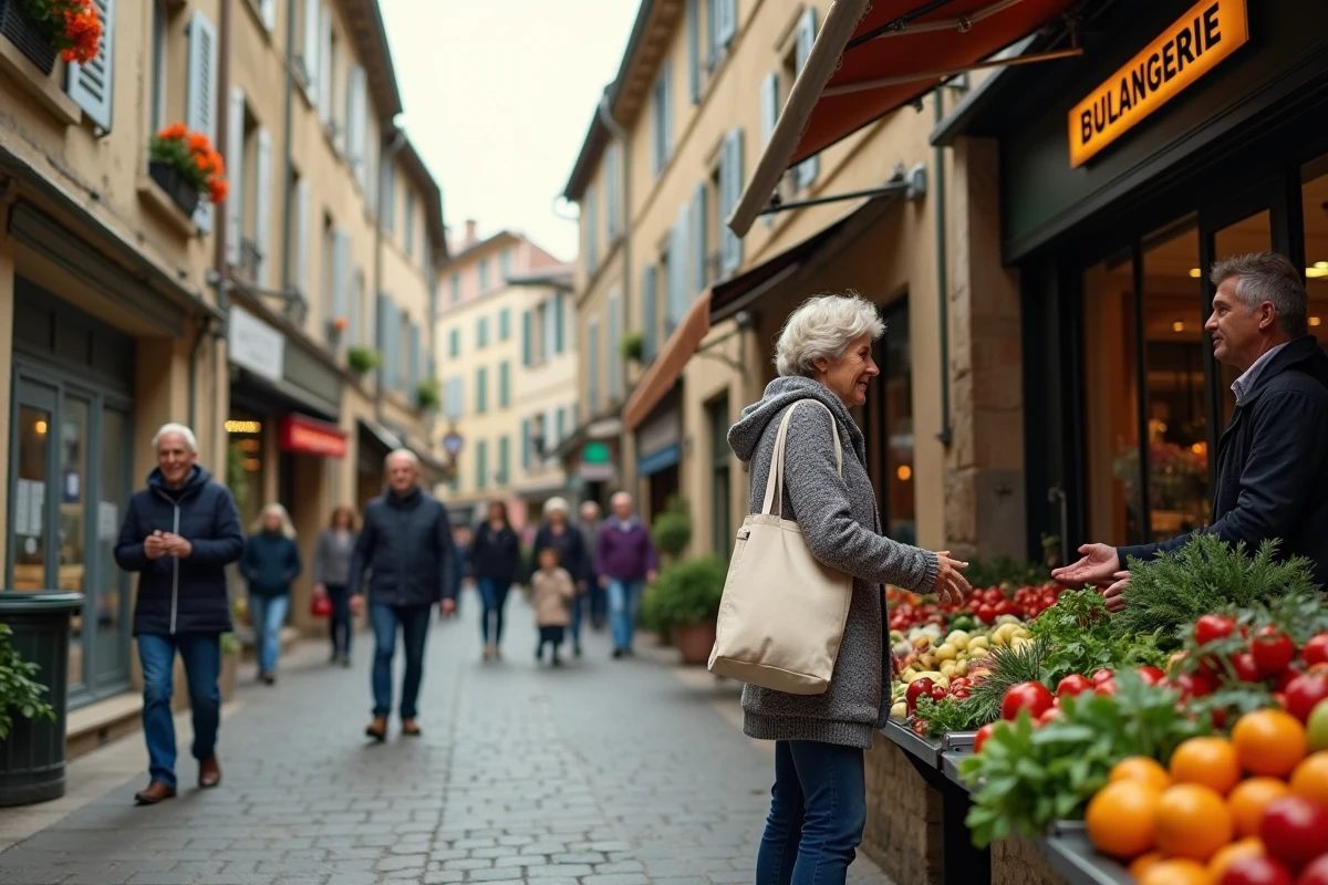 Rue commerçante animée du centre de Brive-la-Gaillarde avec habitants et boutiques locales