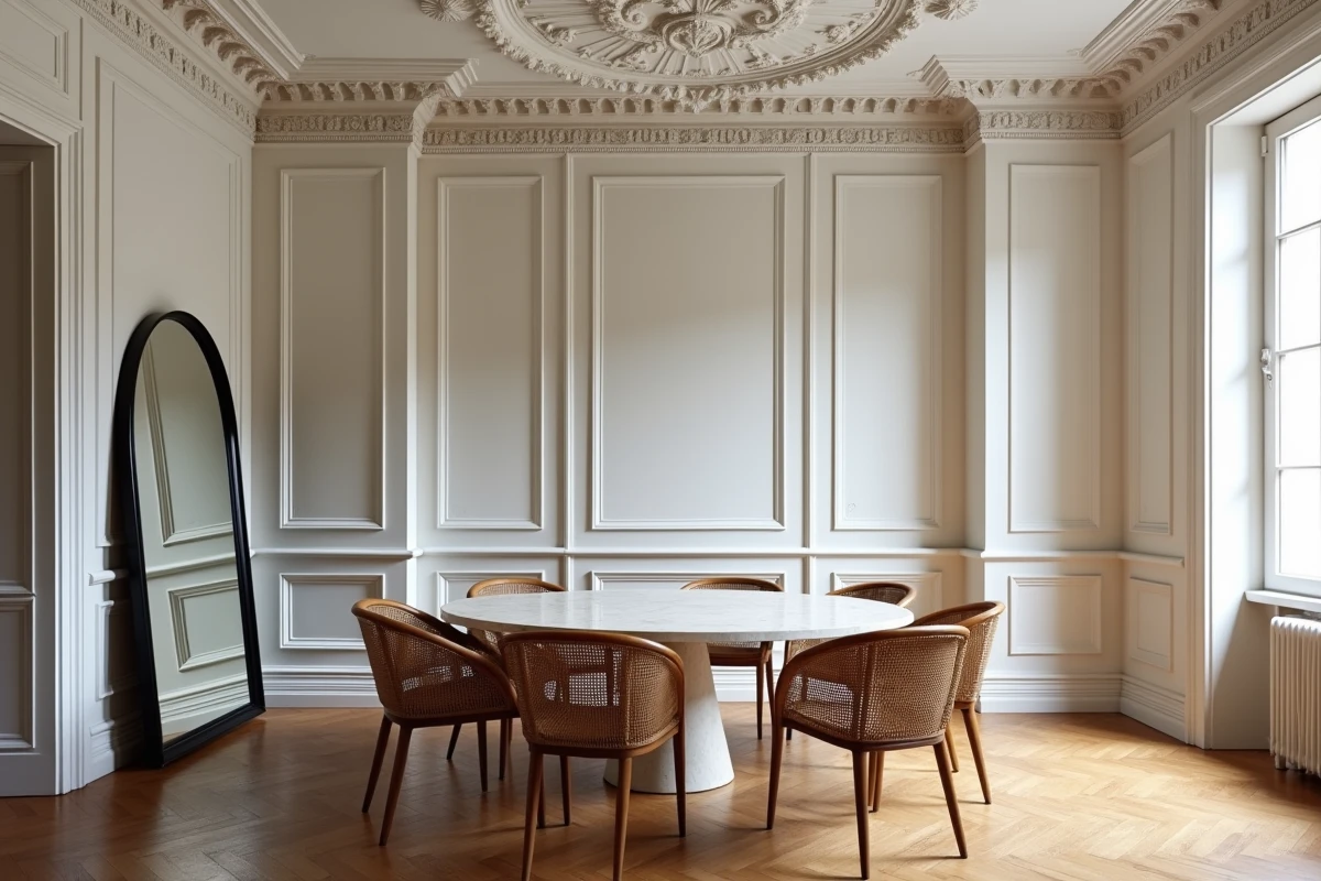 Salle à manger haussmannienne avec rosace au plafond, parquet ancien et mobilier contemporain en travertin et rotin