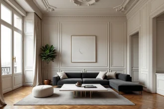 Salon haussmannien avec moulures en plâtre, parquet à chevrons et mobilier design contemporain