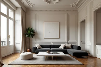Salon haussmannien avec moulures en plâtre, parquet à chevrons et mobilier design contemporain