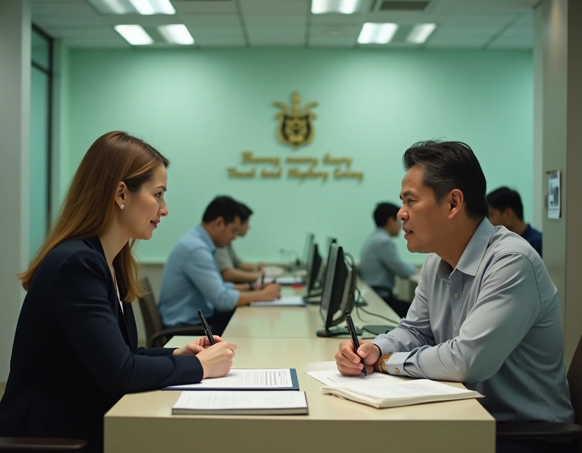 Couple franco-thaïlandais signant un acte de transfert de propriété au bureau foncier de Phuket