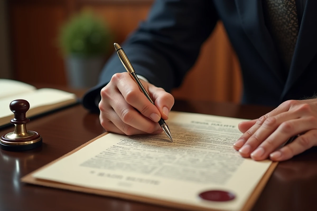 Signature d'un acte de vente immobilier avec sceau notarial et stylo plume pour un marchand de biens
