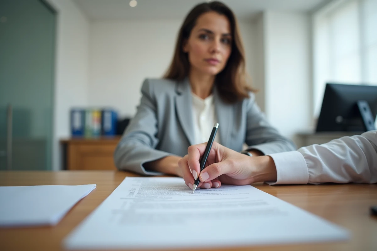 Salariée signant un formulaire d'aide au logement dans un organisme de comité interprofessionnel du logement