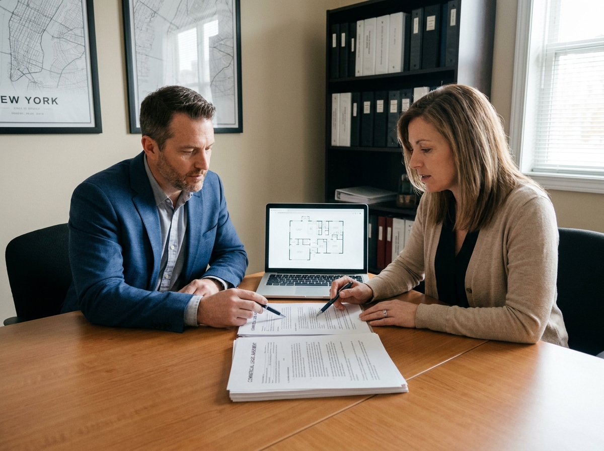 Deux professionnels en train de signer un contrat de bail pour un local commercial dans une agence immobilière