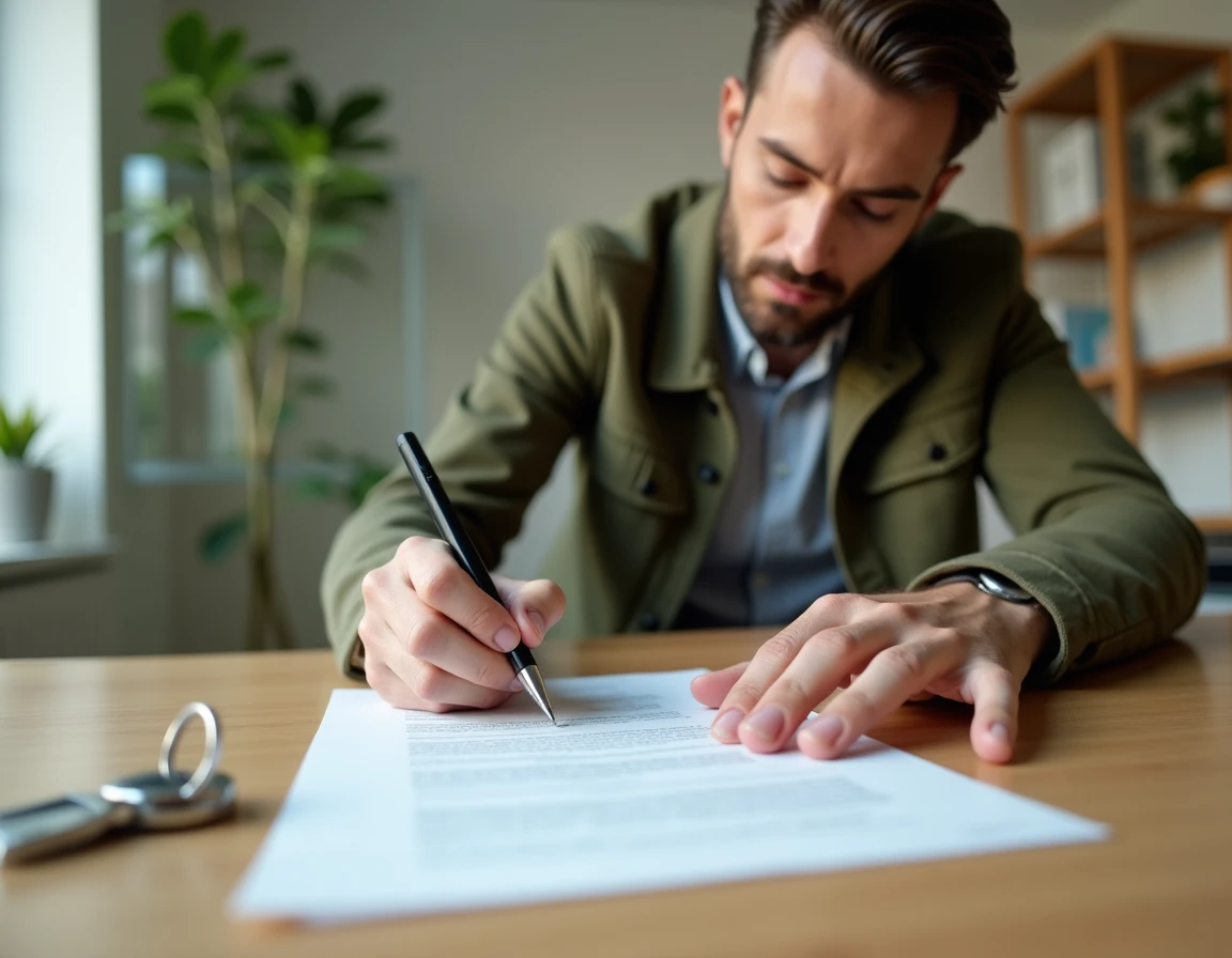 Locataire signant un document de remise de clés posé sur une table avec une clé d'appartement à côté