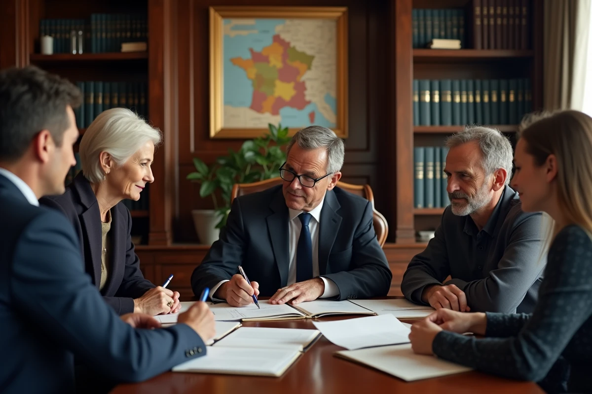 Famille signant les statuts d'une SCI familiale chez un notaire pour l'achat d'une résidence secondaire en France