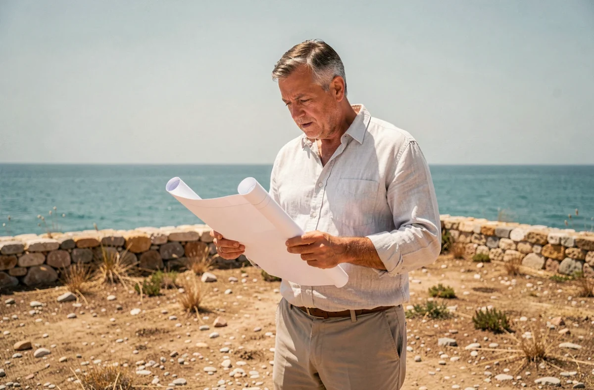 Architecte examinant des plans sur un terrain à vendre en bord de mer avec vue directe sur la Méditerranée