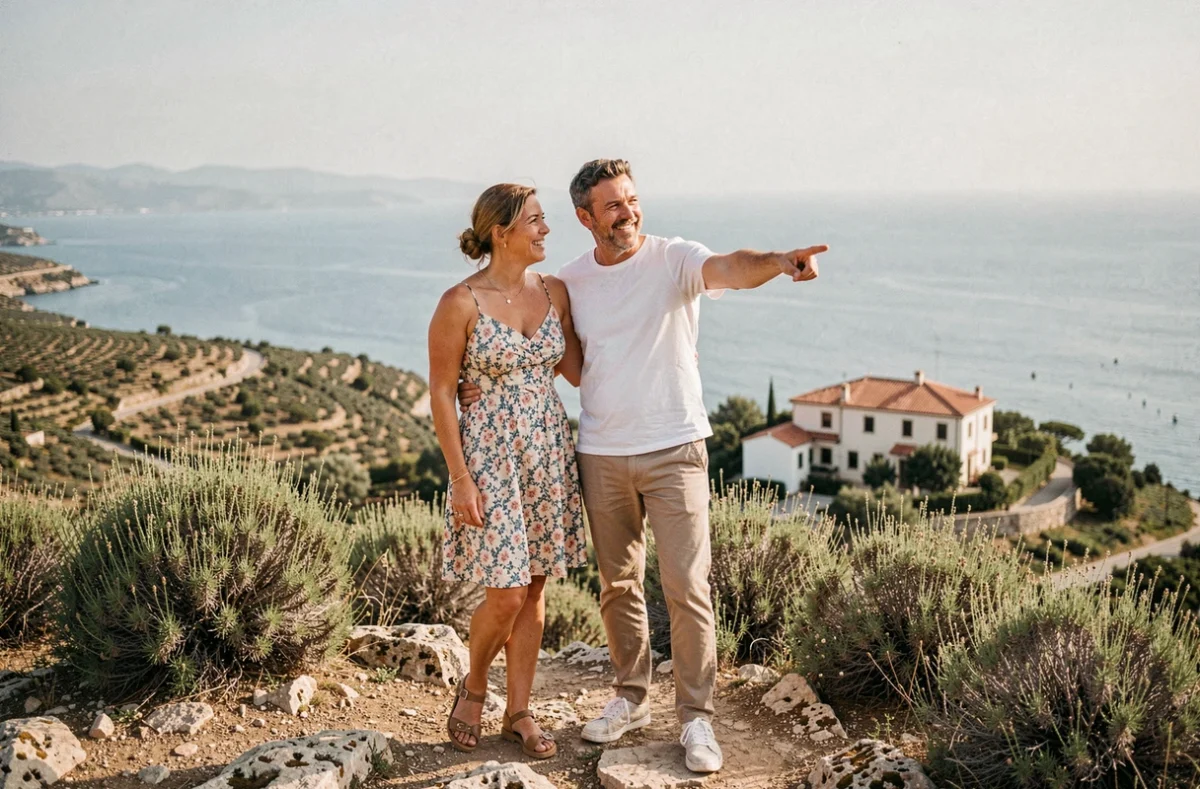 Couple visitant un terrain avec vue mer sur les hauteurs d'une colline méditerranéenne pour un projet de construction