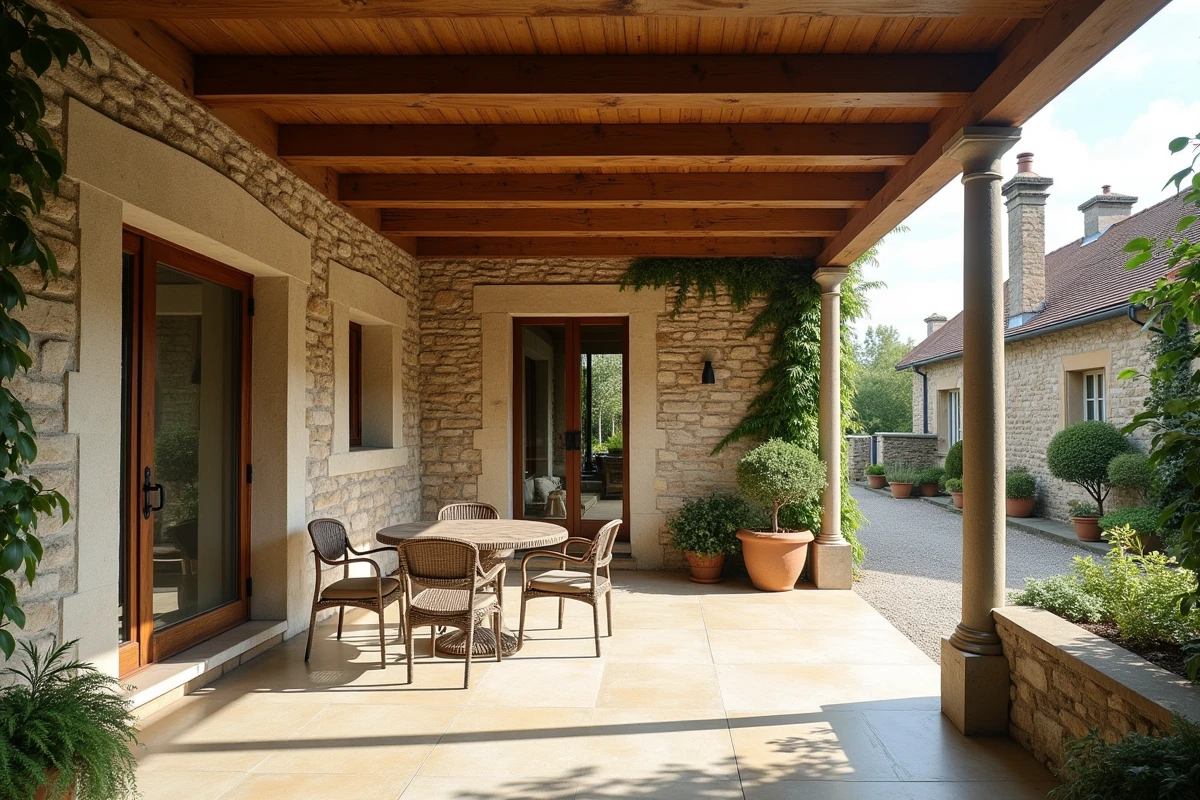 Terrasse couverte au sol avec pergola en bois accolée à une maison en pierre, mobilier de jardin visible
