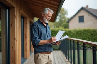 Propriétaire sur une terrasse surélevée en bois consultant des documents liés à la taxe foncière
