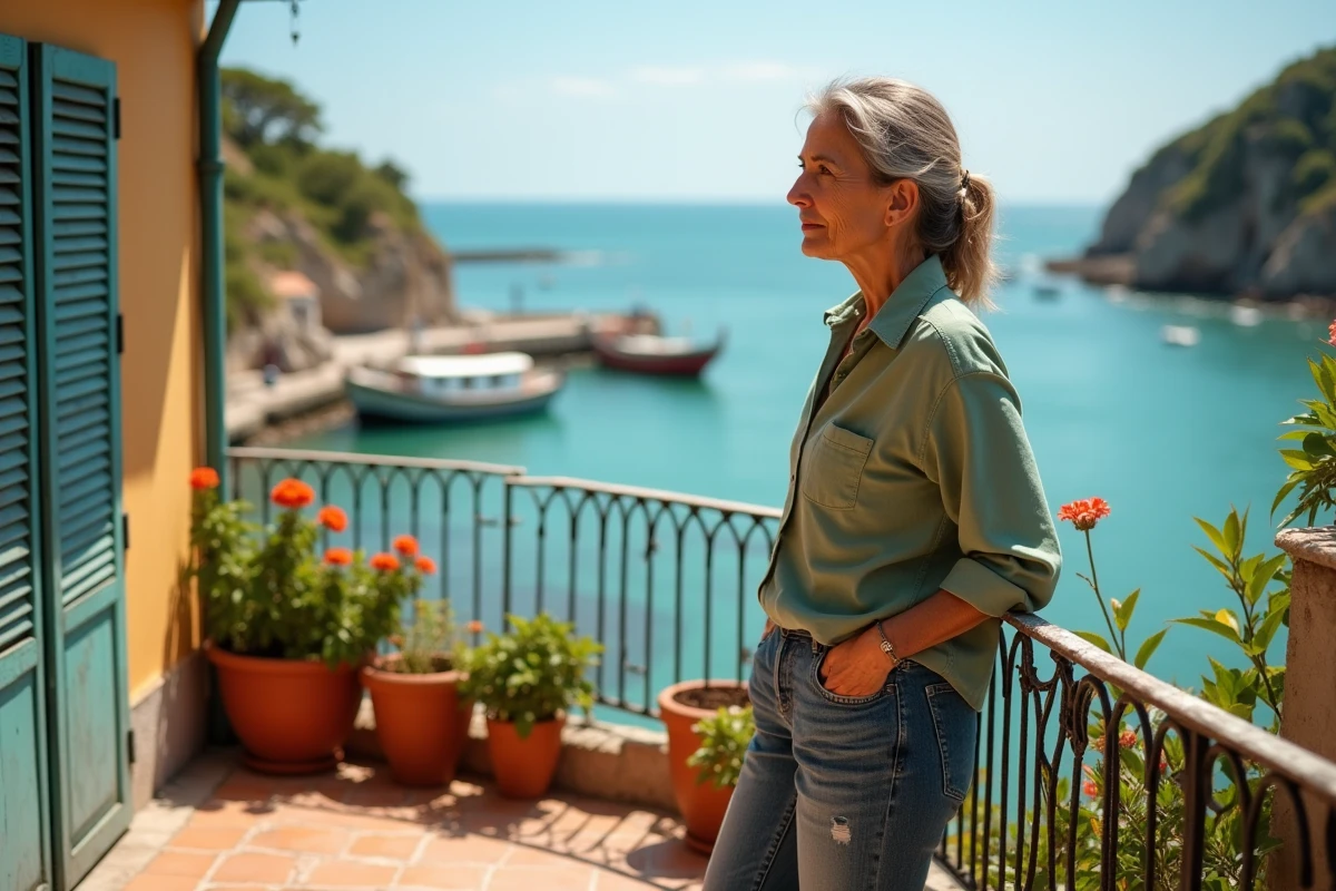 Femme contemplant la vue sur le port depuis la terrasse d'une maison de pêcheur à vendre au Portugal avec géraniums en pots et volets en bois