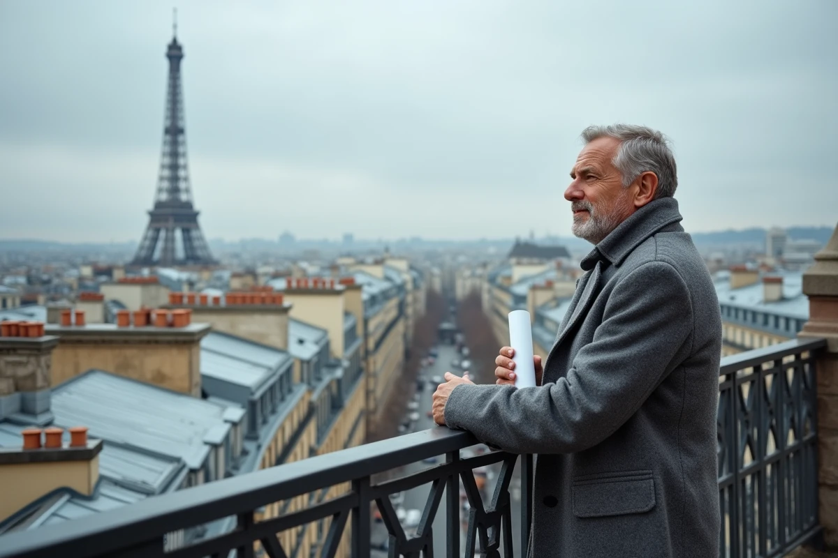Vue panoramique des toits haussmanniens du 16e arrondissement de Paris depuis une terrasse d'appartement de luxe avec la Tour Eiffel en arrière-plan