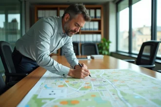 Urbaniste consultant une carte de zonage tendu en zone urbaine dans un bureau municipal