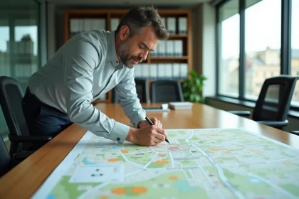 Urbaniste consultant une carte de zonage tendu en zone urbaine dans un bureau municipal