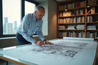 Urbaniste examinant un plan en coupe de terrain sur une table à dessin dans un bureau d'urbanisme moderne