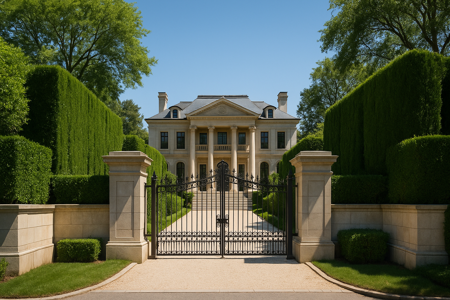 Grande villa avec murs hauts et verdure luxuriante