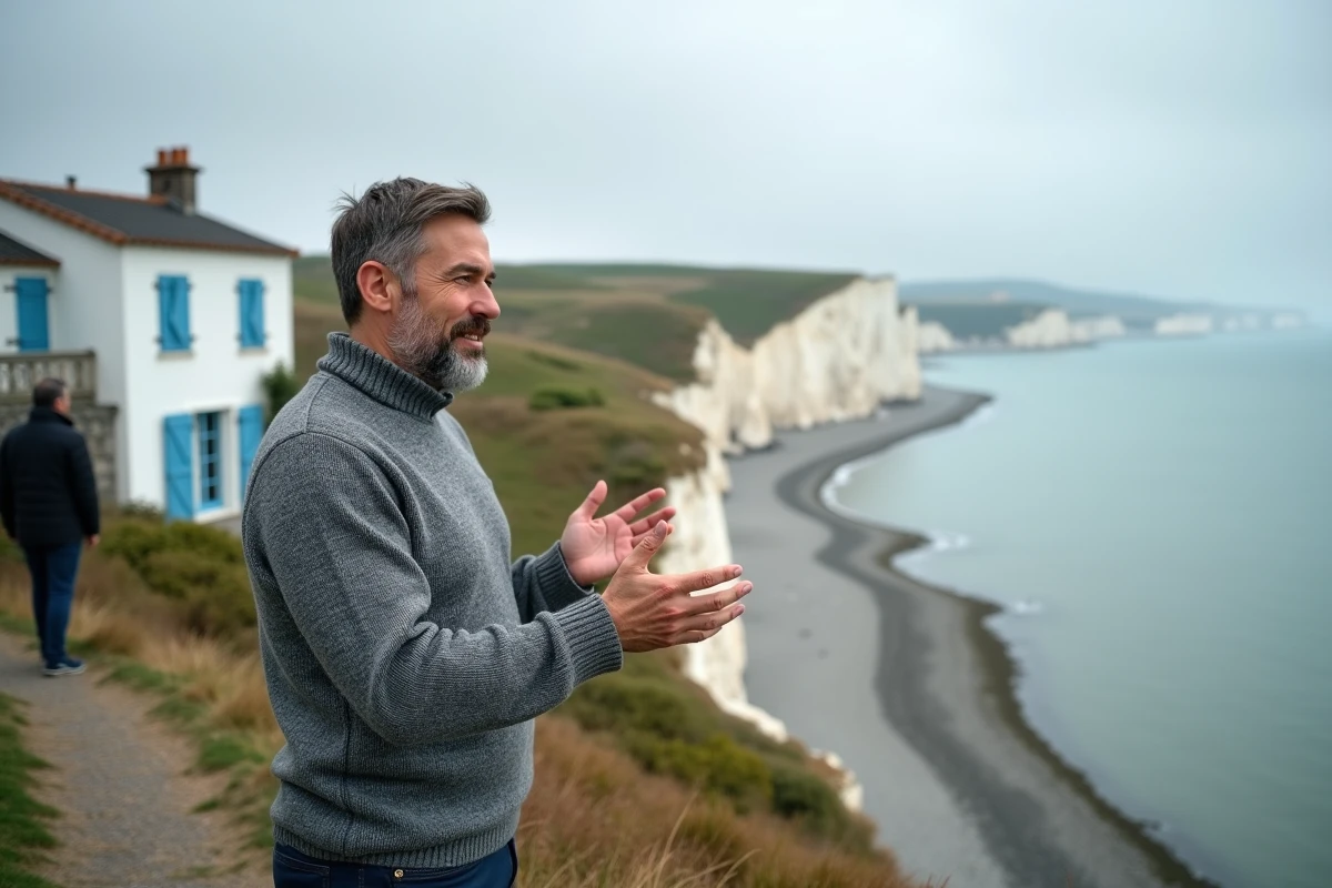Agent immobilier présentant une villa normande au bord des falaises à un acheteur potentiel en Normandie