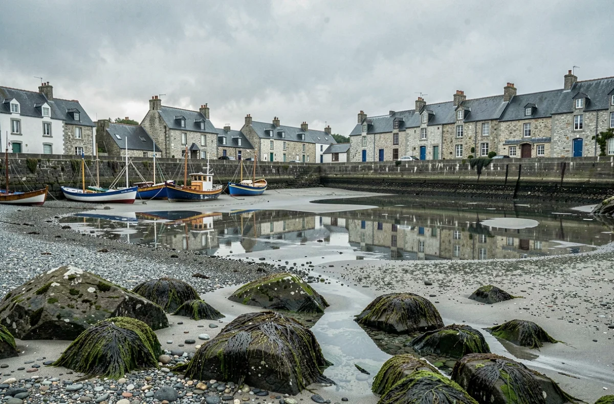 Village de pêcheurs breton à marée basse avec maisons en pierre et laisse de mer visible sur le mur du port