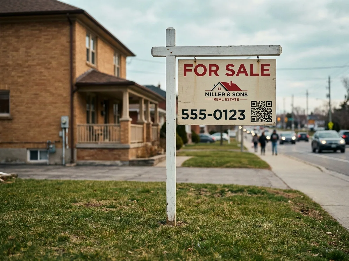Panneau immobilier À VENDRE planté devant une maison en briques sur une route passante, illustrant la visibilité des biens en zone de passage