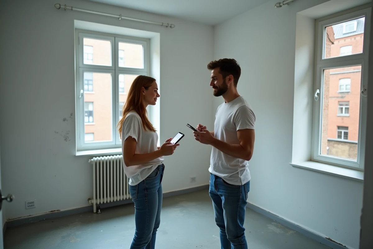 Couple de futurs locataires vérifiant la surface d'une petite chambre lors d'une visite d'appartement